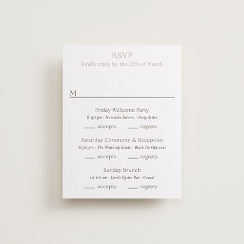 This is a cacao bean rsvp cards with letterpress by Megan Davis called perriand printing on white cotton in standard