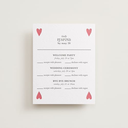 This is a maraschino | soft black rsvp cards with letterpress by Helena Vitto called red hearts printing on white cotton in standard