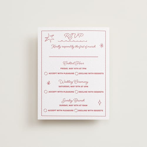 This is a maraschino rsvp cards with letterpress by Helena Vitto called crazy little thing called love printing on white cotton in standard