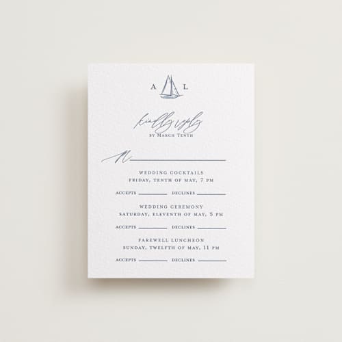 This is a indigo rsvp cards with letterpress by Jelena Vuletic called mariner printing on white cotton in standard