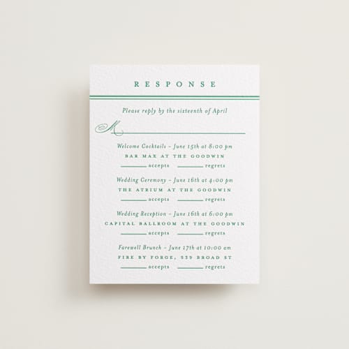 This is a emerald rsvp cards with letterpress by Olivia Raufman called hartford printing on white cotton in standard