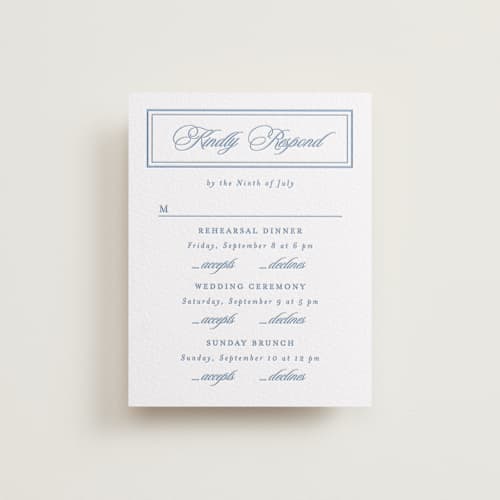 This is a pacific blue rsvp cards with letterpress by Creo Study called posh printing on luxe white cotton in standard