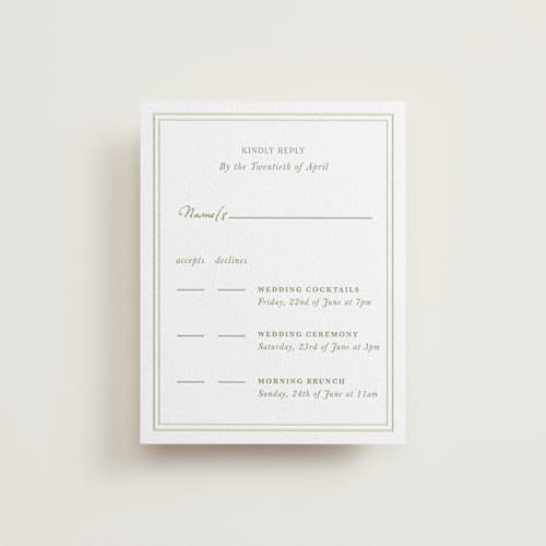 This is a honeydew rsvp cards with letterpress by Lucrecia Caporale called shoreline elegance printing on white cotton in standard