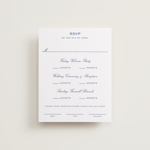 This is a mediterranean rsvp cards with letterpress by Megan Davis called brasserie printing on white cotton in standard