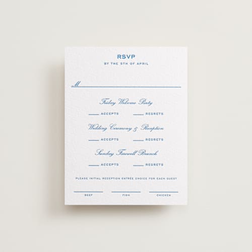This is a mediterranean rsvp cards with letterpress by Megan Davis called brasserie printing on white cotton in standard