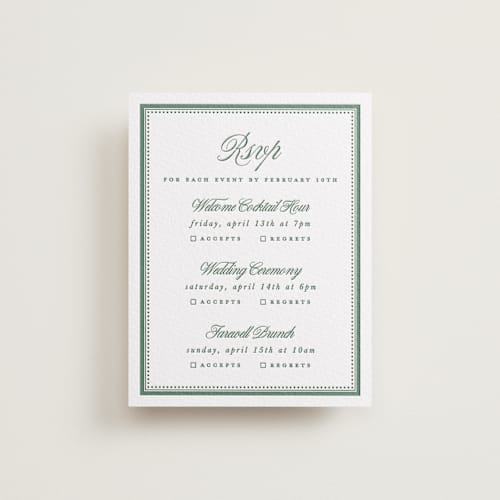 This is a racing green rsvp cards with letterpress by Kelly Watkins called archer printing on white cotton in standard