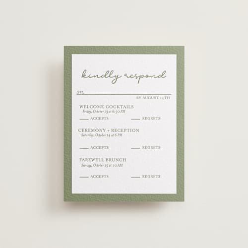 This is a artichoke rsvp cards with letterpress by Brittney Jensen called the verdure suite printing on white cotton in standard