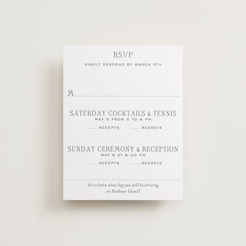 This is a fern | blind deboss rsvp cards with letterpress by Megan Davis called isle printing on white cotton in standard