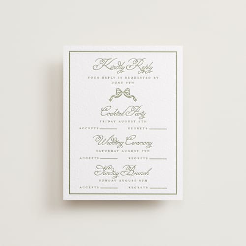 This is a olive rsvp cards with letterpress by Petra Kern called crestino printing on white cotton in standard