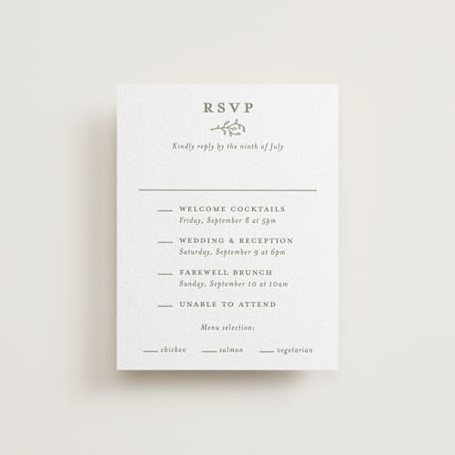 This is a artichoke rsvp cards with letterpress by Katherine Moynagh called garden script printing on white cotton in standard