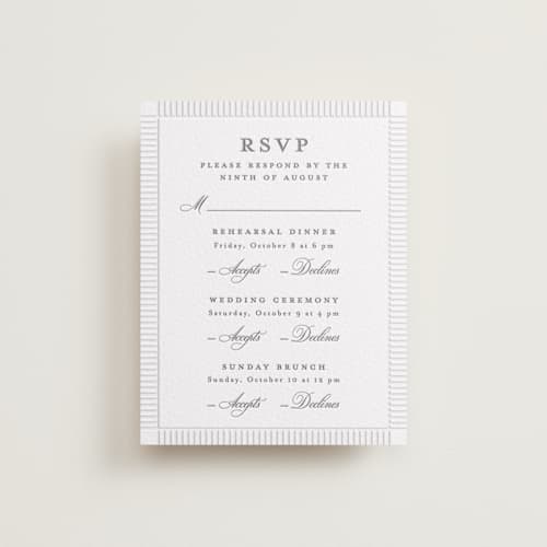 This is a smoke rsvp cards with letterpress by Creo Study called heirloom printing on luxe white cotton in standard