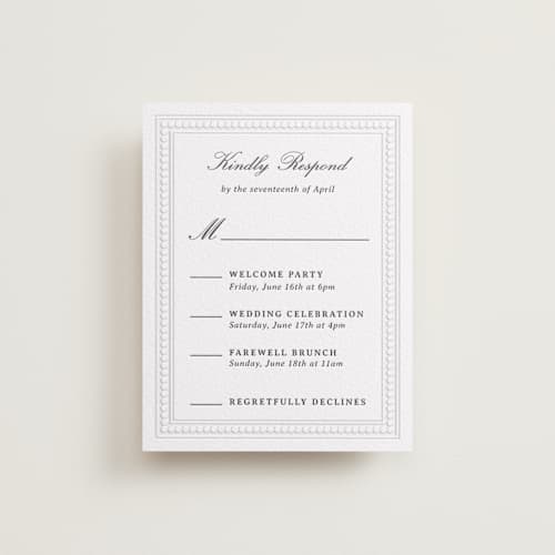This is a soft black rsvp cards with letterpress by Jenna Holcomb called the ritz printing on white cotton in standard