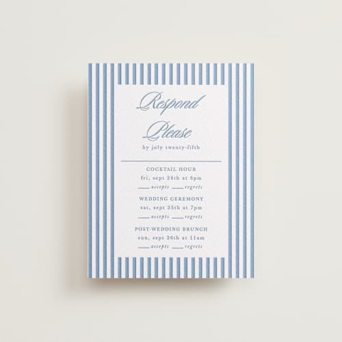 This is a pacific blue rsvp cards with letterpress by Morgan Kendall called catamaran printing on white cotton in standard
