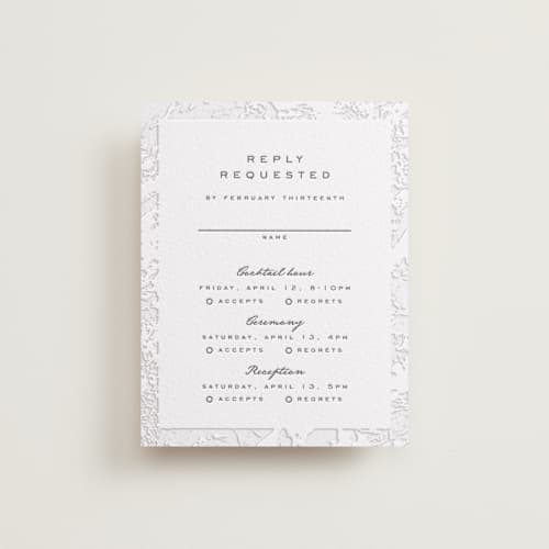 This is a soft black | blind deboss rsvp cards with letterpress by Erin L. Wilson called subtle marble printing on white cotton in standard