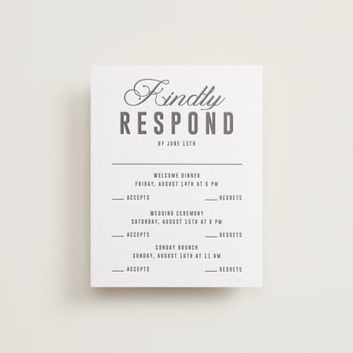 This is a soft black rsvp cards with letterpress by Sumak Studio called bold & elegant printing on white cotton in standard