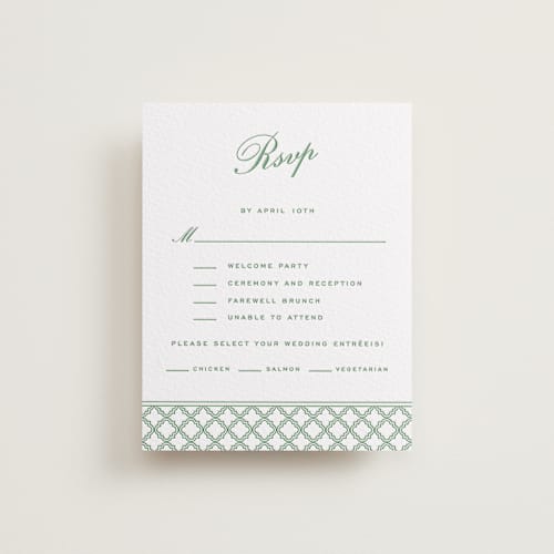 This is a fern rsvp cards with letterpress by Angela Garrick called garden trellis printing on white cotton in standard