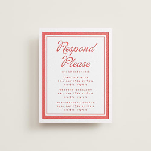 This is a ruby rsvp cards with letterpress by Morgan Kendall called prep school printing on white cotton in standard