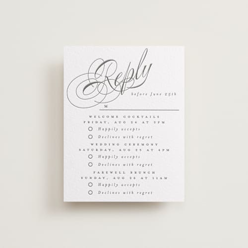 This is a soft black rsvp cards with letterpress by Hudson meet Rose called forever printing on white cotton in standard