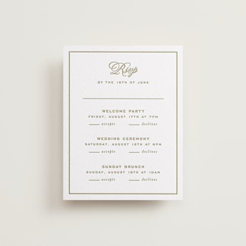 This is a olive rsvp cards with letterpress by Ellen Schlegelmilch called rory printing on white cotton in standard