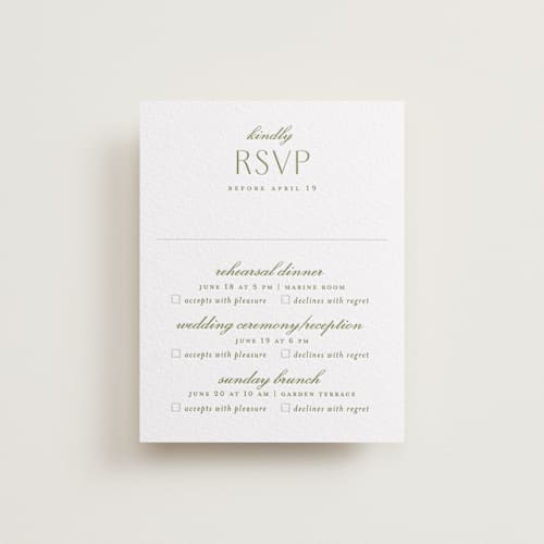 This is a pistachio rsvp cards with letterpress by Erica Krystek called chantilly printing on white cotton in standard