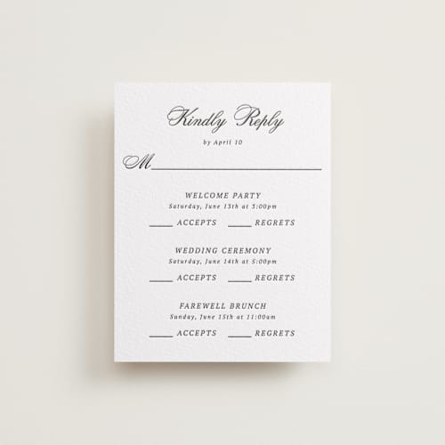 This is a soft black rsvp cards with letterpress by Cass Loh called chic union printing on white cotton in standard