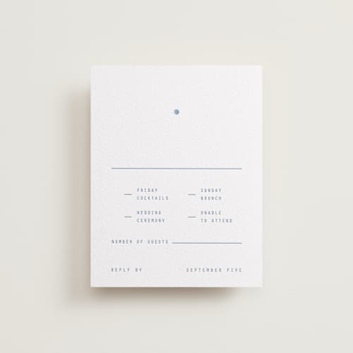 This is a pacific blue rsvp cards with letterpress by Blustery August called cheers printing on white cotton in standard