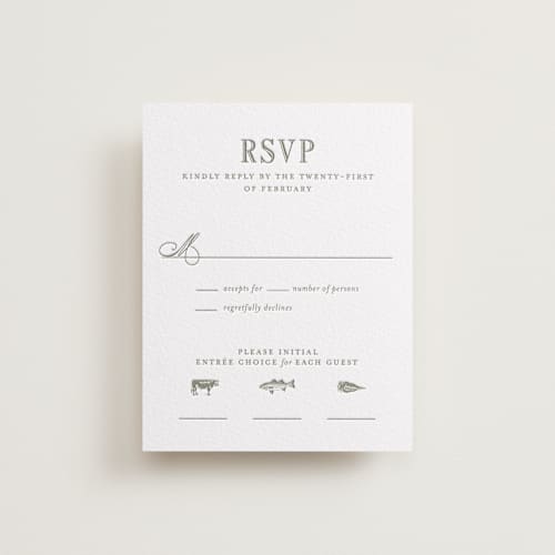 This is a artichoke rsvp cards with letterpress by Megan Davis called hepburn printing on luxe white cotton in standard