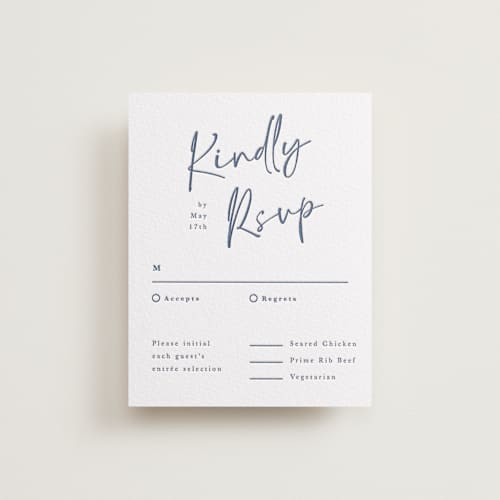 This is a blueberry rsvp cards with letterpress by Adelyn T. called ink scribble printing on white cotton in standard