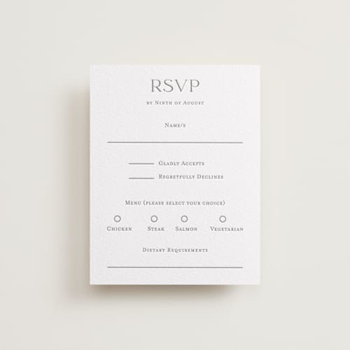 This is a graphite rsvp cards with letterpress by Lucrecia Caporale called mountain serenity printing on white cotton in standard
