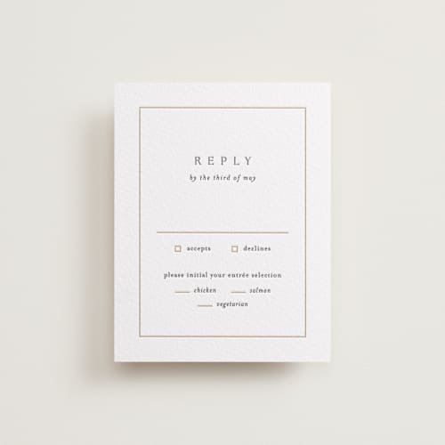 This is a saffron rsvp cards with letterpress by Kelly Schmidt called framed monogram printing on white cotton in standard