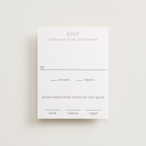 This is a cacao bean rsvp cards with letterpress by Megan Davis called perriand printing on white cotton in standard