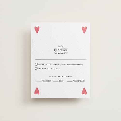 This is a maraschino | soft black rsvp cards with letterpress by Helena Vitto called red hearts printing on white cotton in standard