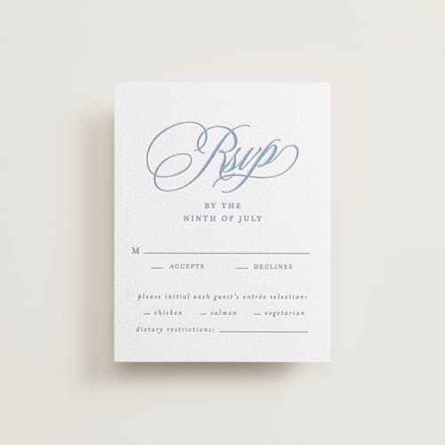 This is a pacific blue rsvp cards with letterpress by Creo Study called posh printing on luxe white cotton in standard