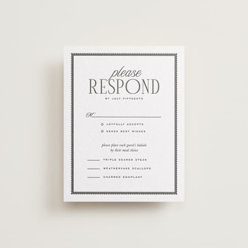 This is a soft black rsvp cards with letterpress by Kamala Nahas called grayson printing on white cotton in standard