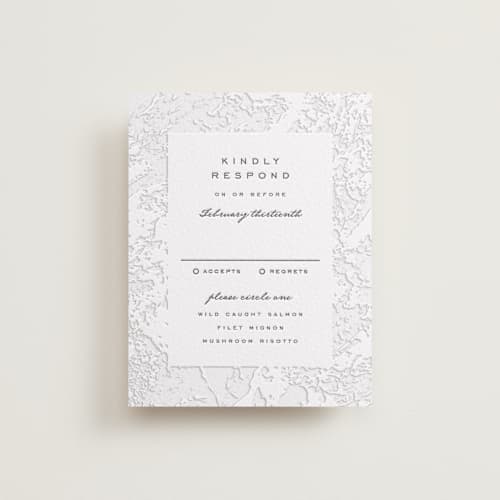 This is a soft black | blind deboss rsvp cards with letterpress by Erin L. Wilson called subtle marble printing on white cotton in standard
