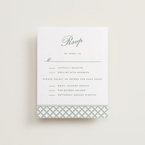 This is a fern rsvp cards with letterpress by Angela Garrick called garden trellis printing on white cotton in standard
