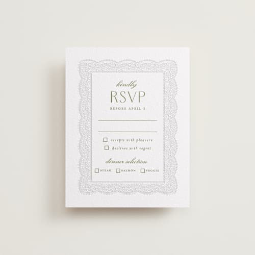 This is a pistachio rsvp cards with letterpress by Erica Krystek called chantilly printing on white cotton in standard