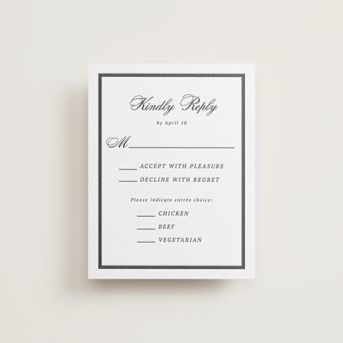This is a soft black rsvp cards with letterpress by Cass Loh called chic union printing on white cotton in standard