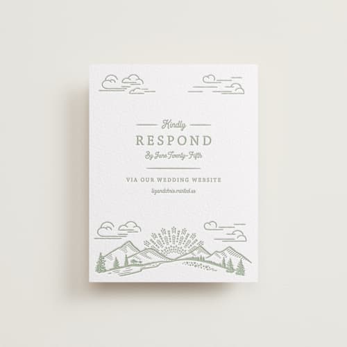 This is a olive rsvp cards with letterpress by Paper Sun Studio called on the horizon printing on white cotton in standard