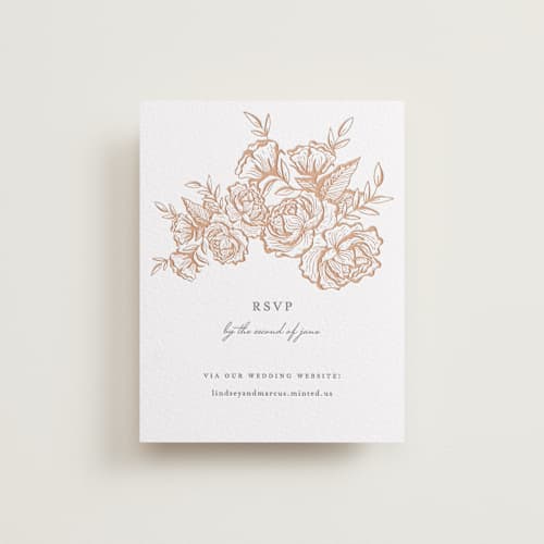This is a sandstone rsvp cards with letterpress by Jennifer Postorino called in bloom printing on white cotton in standard