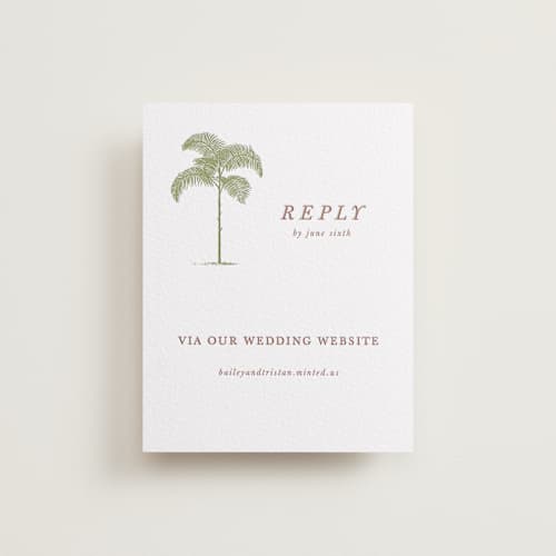 This is a olive | cinnamon rsvp cards with letterpress by Melinda Denison called palm printing on white cotton in standard