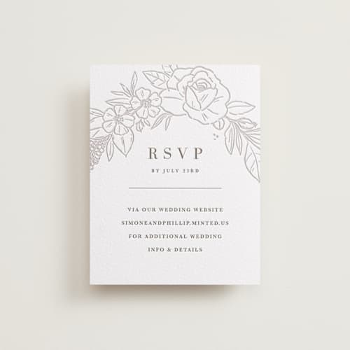 This is a cacao bean rsvp cards with letterpress by Kristen Smith called sketched blooms printing on white cotton in standard