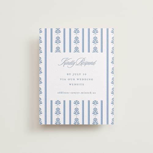 This is a pacific blue rsvp cards with letterpress by Erin German called sweet garden printing on white cotton in standard