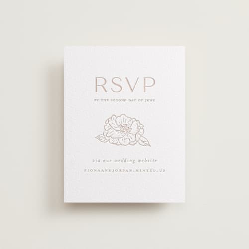 This is a sandstone rsvp cards with letterpress by Vera Lim called camellia.. printing on white cotton in standard