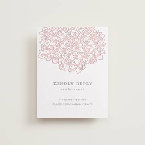 This is a peony | granite rsvp cards with letterpress by Paula Pecevich called hydrangea blooms printing on white cotton in standard