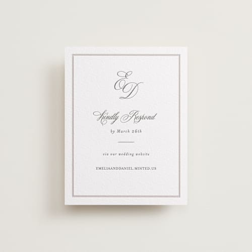 This is a dove grey | soft black rsvp cards with letterpress by Melinda Denison called royal printing on white cotton in standard