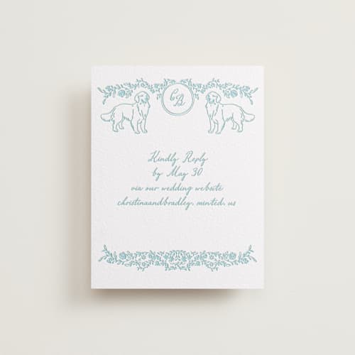 This is a robin's egg rsvp cards with letterpress by Creo Study called garden romance printing on white cotton in standard