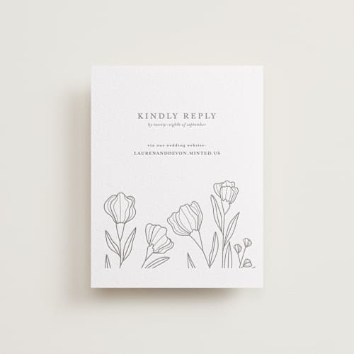 This is a graphite rsvp cards with letterpress by Deynaaz Daraei called bouvardia printing on white cotton in standard