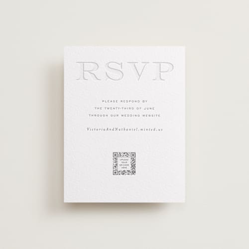 This is a soft black rsvp cards with letterpress by Jenna Holcomb called classically printing on white cotton in standard