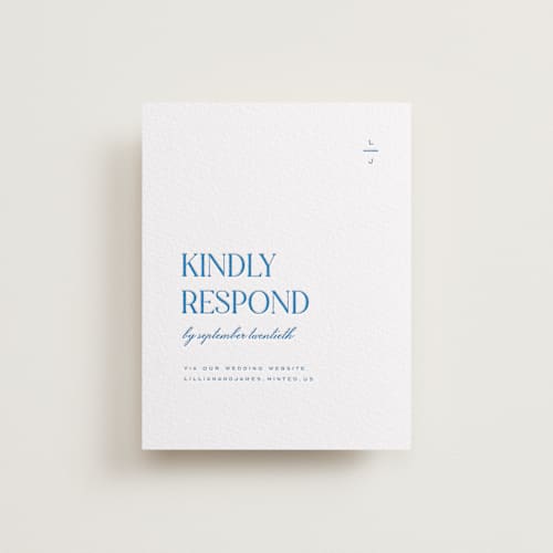 This is a marine blue rsvp cards with letterpress by Heather Cairl called clarity printing on white cotton in standard